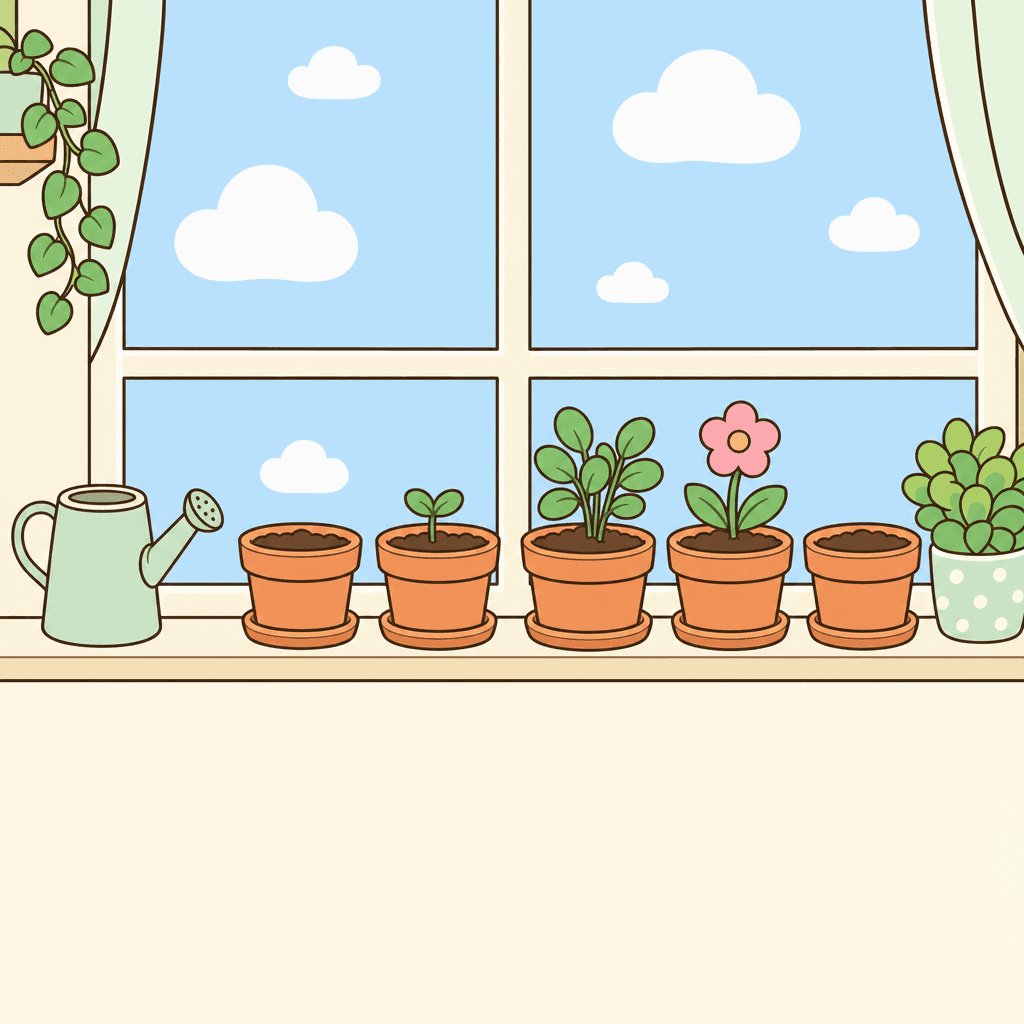 An illustrated windowsill garden with pots at different stages of growth