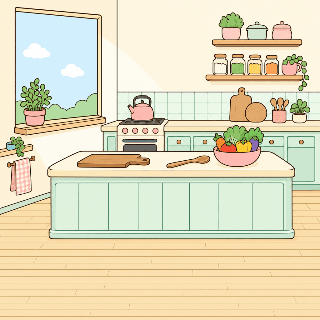 Sprowt's illustrated kitchen: a pastel counter with vegetables, a stove, and a sunny window