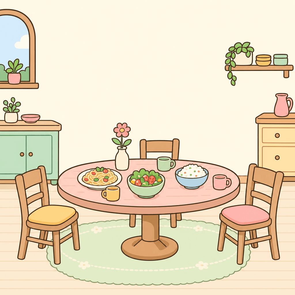 An illustrated dinner table set with plates of food